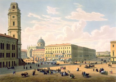 De katholieke kerk en Mikhailovskaya-straat in Sint-Petersburg, gedrukt door J. Jacottet en Regamey, gepubliceerd door Lemercier, Parijs, 1850s door French School